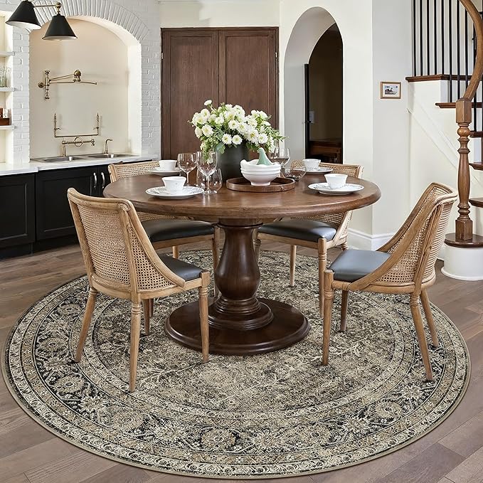 PureCozy Brown Round Area Rug 5ft Washable 5x5 Circle Vintage Low Pile Indoor Kitchen Living Room Carpet Non Slip Traditional Distressed Retro Accent Throw Rug Office Dining Room Bathroom