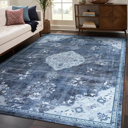 Beverly Rug Non Slip Rugs 5x7 Boho Medallion Floral Non Skid Rubber Backing Easy Silk Soft Area Rug for Living Room Easy to Clean Non Shedding Kitchen Bedroom Indoor Carpet (5 x 7 Blue - Gray)