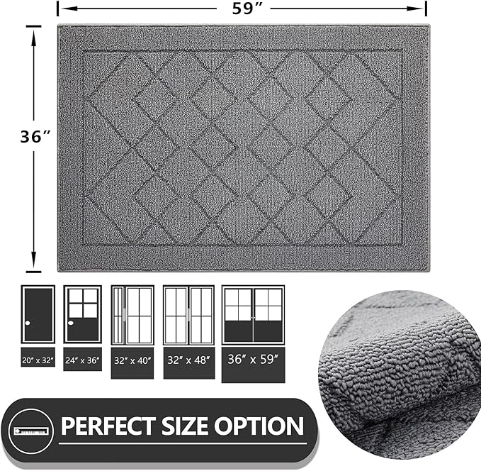 REFETONE Indoor Doormat, Front Back Door Mat 36"x60" Rubber Backing Non Slip Mats, Absorbent Washable Entrance Doormat for Entryway, Resist Dirt Low-Profile Inside Floor Mats for Muddy Shoes, Grey