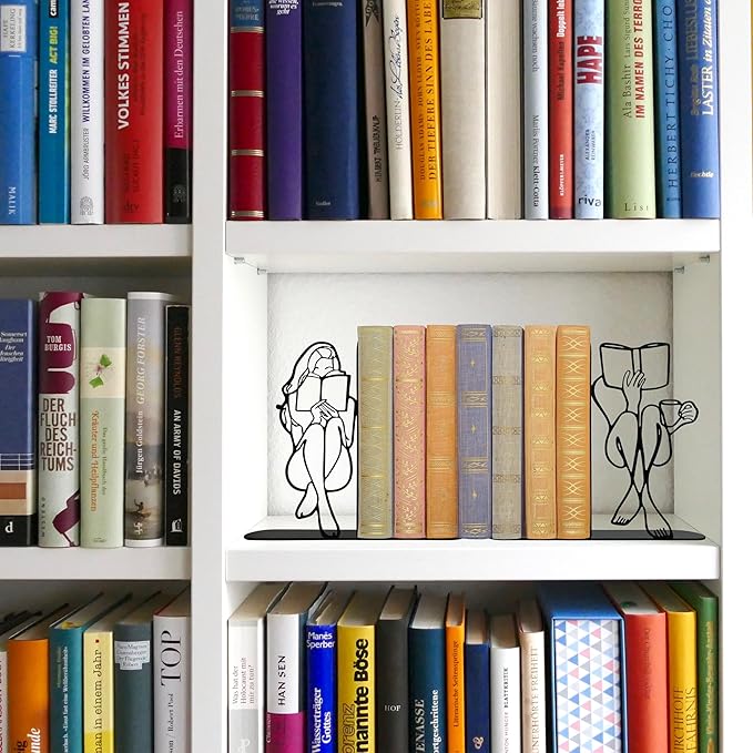 Reading Bookends Decorative for Shelves - Girl Reading Statue Bookends, Metal Black Book Ends Decor for Heavy Books, Novelty Bookish Decor for Home Library, Book Lovers Gift for Women & Students