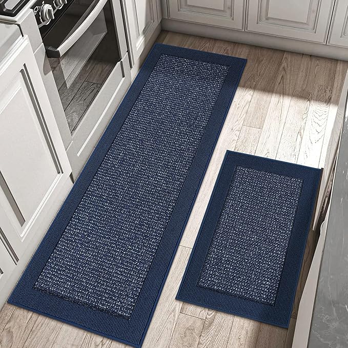 BEQHAUSE Kitchen Rugs and Mats Set of 2 Non-Slip Kitchen Mats for Floor, Absorbent and Stain Resistant Kitchen Runner, Machine Washable Rugs for Kitchen, Laundry & Sink, 24"x36"+24"x60", Blue