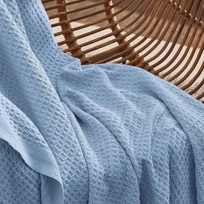 Bedsure Gentlesoft 100% Cotton Large Throw Blanket for Couch 50x70 inches - Breathable and Soft for Spring Summer, Waffle Weave Throw Blanket for Office, Sky Blue