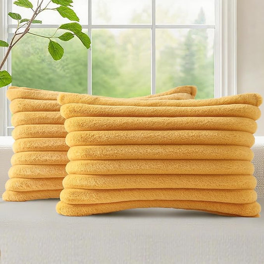 decorUhome Faux Fur Spring Throw Pillow Covers 12x20 Set of 2, Decorative Soft Plush Striped Lumbar Neutral Couch Pillow Covers with Velvet Back for Sofa, Bed, Living Room Home, Mustard Yellow