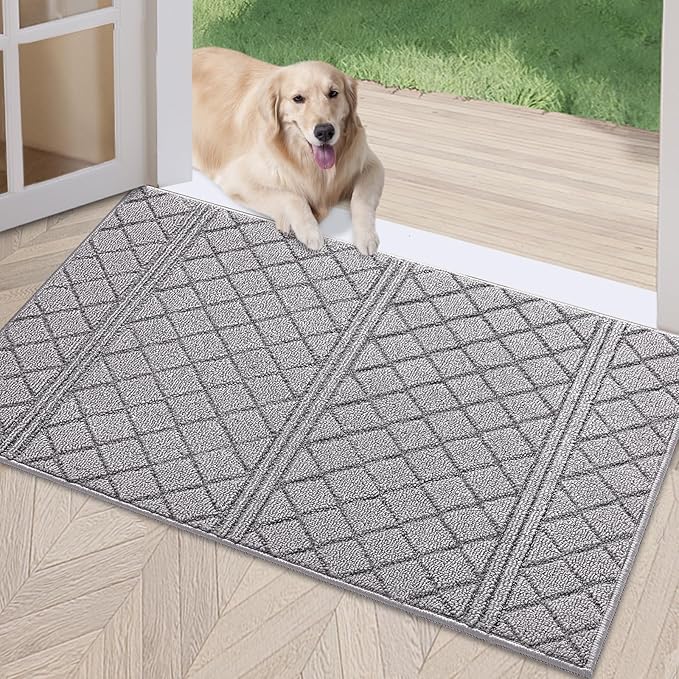 REFETONE Indoor Doormat, Front Back Door Mat 24"x36" Absorbent Rubber Backing Non Slip Door Mats, Low-Profile Resist Dirt Rugs, Machine Washable Door Rug Inside Floor Mat for Entryway, Light Grey