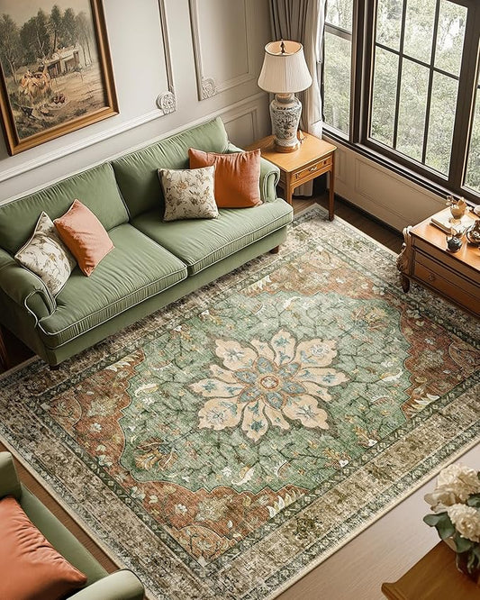 RELEANY Area Rugs 6'x9' Washable Non-Slip, Floral Vintage Distress Print Pattern Medallion Carpet for Living Room Bedroom Dining Room, Brick Red Rust Neutral Brown Burnt Orange Green