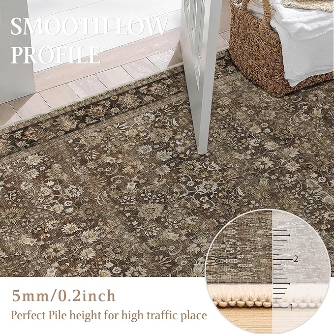 HUGEAR 2x5 Runner Rug Machine Washable Brown Hallway Area Rugs Indoor Accent Rugs Floral Low Pile Carpet Distressed Throw Rug Bedroom Living Room Office Dining Kitchen Laundry Non Slip