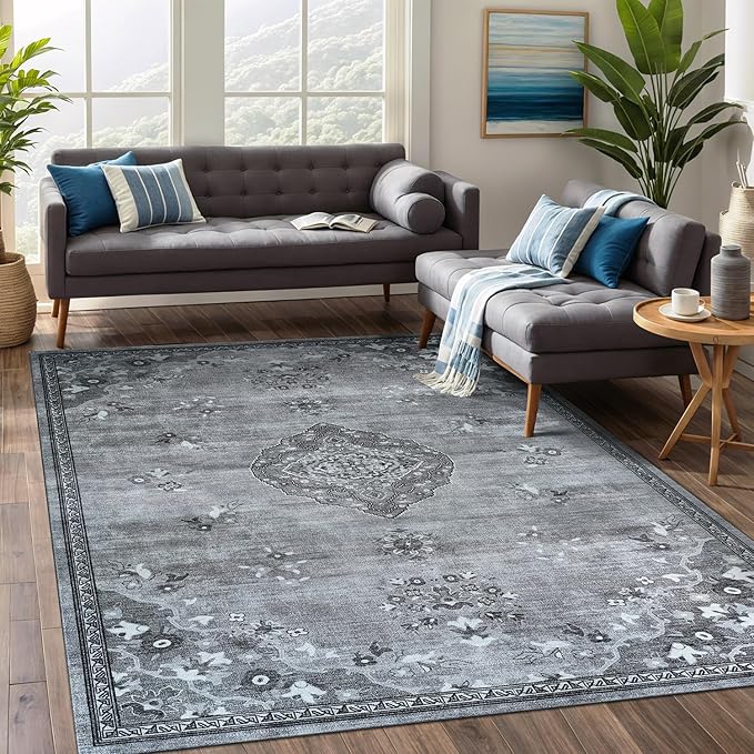 Beverly Rug Non Slip Rugs 6x9 Boho Medallion Floral Non Skid Rubber Backing Easy Silk Soft Area Rug for Living Room Easy to Clean Non Shedding Kitchen Bedroom Indoor Carpet (6 x 9 Gray - Dark Gray)