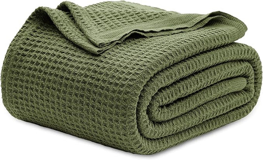 Bedsure Gentlesoft 100% Cotton Blanket Queen Size for Bed - Breathable and Soft, Thick Cozy Waffle Weave Christmas Blanket Gift for Women, Olive Green, 90x90 Inches