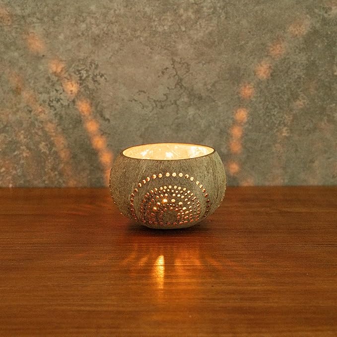 Restaurantware-Coco Casa 4 x 3.3 Inch Coconut Shell Candle Holders, 10 Reusable Tealight Holders - Candle Not Included, Rainbow Pattern, Tan Coconut Bowls For Candles, Handcrafted