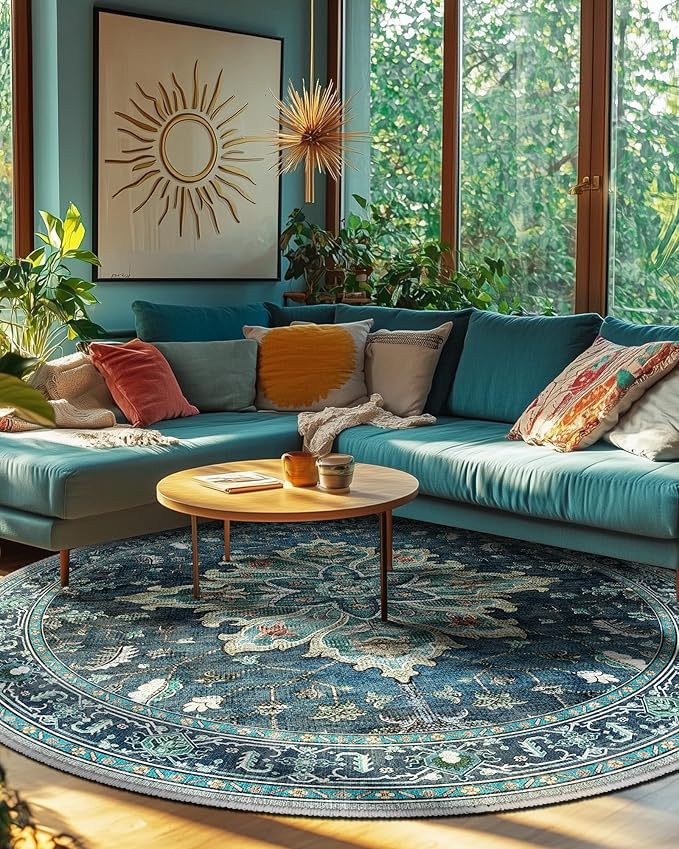 RELEANY Area Rugs 6ft Washable Non-Slip, Floral Vintage Distress Print Pattern Medallion Carpet for Living Room Bedroom Dining Room, Teal Green Lake Blue Turquoise