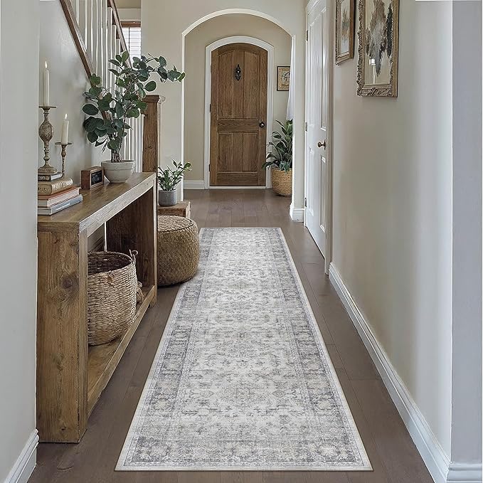 PureCozy 2x8 Grey Runner Rug Vintage Area Carpet Hallway Indoor Kitchen Washable Low Pile Traditional Distressed Retro Accent Throw Boho Rug Non Slip for Laundry Bathroom Office