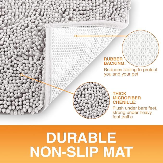 Neater Pets Chenille Dog Door Mat 30” x 20” – Super Absorbent & Quick-Dry Muddy Paws Doormat for Trapping Dirt, Water, Mud - Non-Slip & Machine Washable Pet Rugs for Entryway, Indoor Mud Mats, Gray