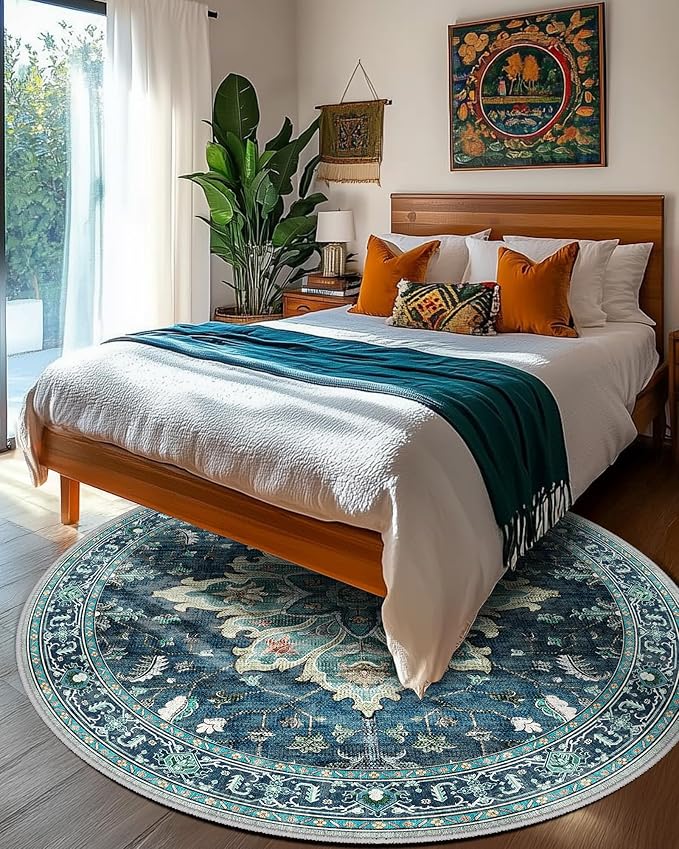 RELEANY Area Rugs 5ft Washable Non-Slip, Floral Vintage Distress Print Pattern Medallion Carpet for Living Room Bedroom Dining Room, Teal Green Lake Blue Turquoise