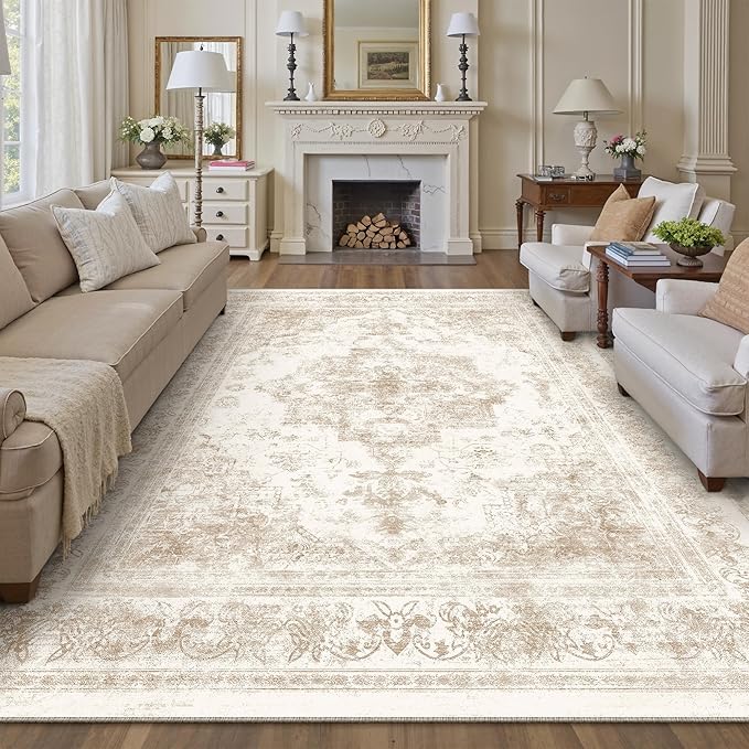 PureCozy Area Rug 8x10 Cream Washable Living Room Beige Carpet Non Slip Vintage Medallion Indoor Bedroom Beige Carpet Low Pile Soft Retro Distressed Large Rug Home Office Dining Room Playroom