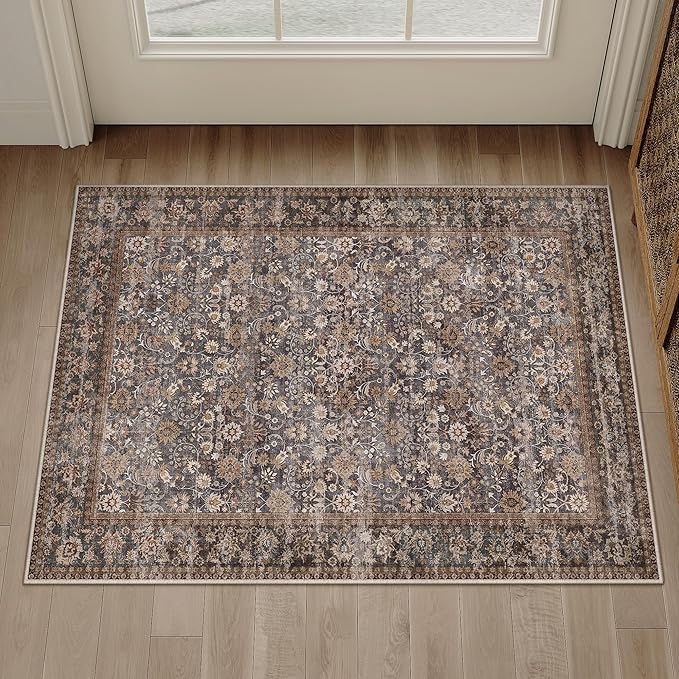 HUGEAR 2x3 Small Rug Machine Washable Area Rug Tradition Brown Entryway Rugs Entrance Door Mat Indoor Accent Rugs Floral Low Pile Carpet Distressed Throw Rug Kitchen Bedroom Office Non Slip