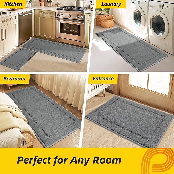 JSEI Non-Slip Kitchen Mats, Self Adhesive No Sliding Kitchen Rugs Set of 2, Washable Absorbent Floor Mat for Kitchen, Bathroom, Laundry Room, Bedroom, 24”x36”+24”x60”, Light Grey, Rectangular Pattern