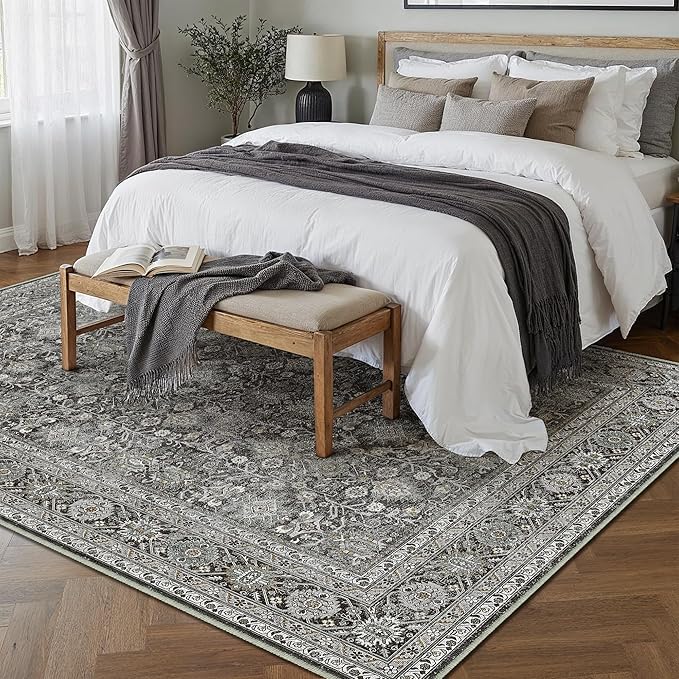 PureCozy Vintage Area Rug 6x9 Black Washable Living Room Large Carpet Non Slip Bedroom Indoor Office Low Pile Traditional Distressed Retro Accent Rug for Dining Room Kitchen