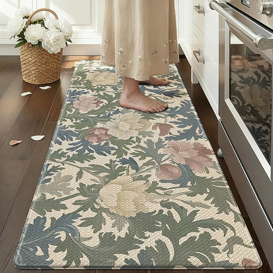 Color&Geometry Floral Kitchen Mat 24"x59", Anti Fatigue Mats for Kitchen Floor, Kitchen Rugs Non Slip, Waterproof & Oil Proof Kitchen Runner for Standing Desk Office, Sink - Floral Beige