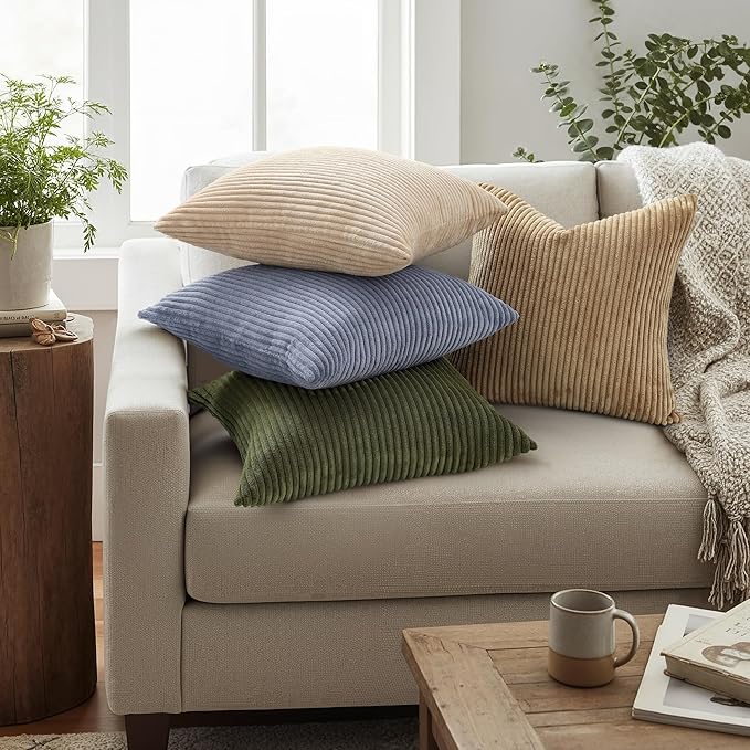 Mecatny Corduroy Decorative Throw Pillow Covers 22x22 Set of 2 for Sofa Living Room, Soft Neutral Boho Couch Pillow Covers for Home Decor, Khaki