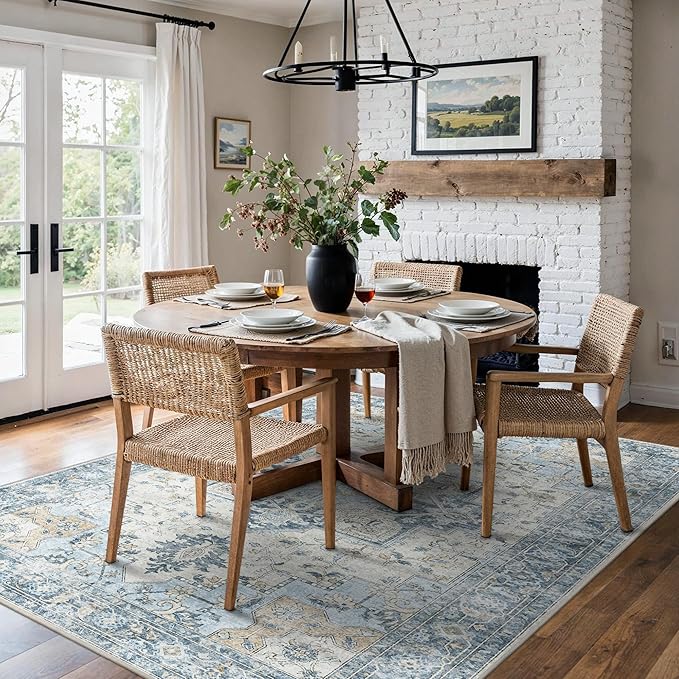 BESBLEE 6x9 Area Rugs for Living Room, Machine Washable Rug, Non Slip Vintage Rugs, Low Pile Lightweight Print Rug for Bedroom, Dining Room, Home Office, Blue