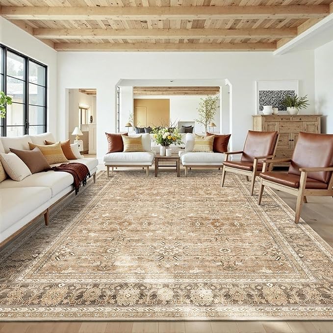 HelloTree Washable Rugs 8x10 Area Rug for Living Room, Vintage Boho Khaki Rug Non Slip Carpet Retro Accent Indoor Mat Print Distressed Low Pile Throw Large Rug for Office Dining Room Bedside-Khaki