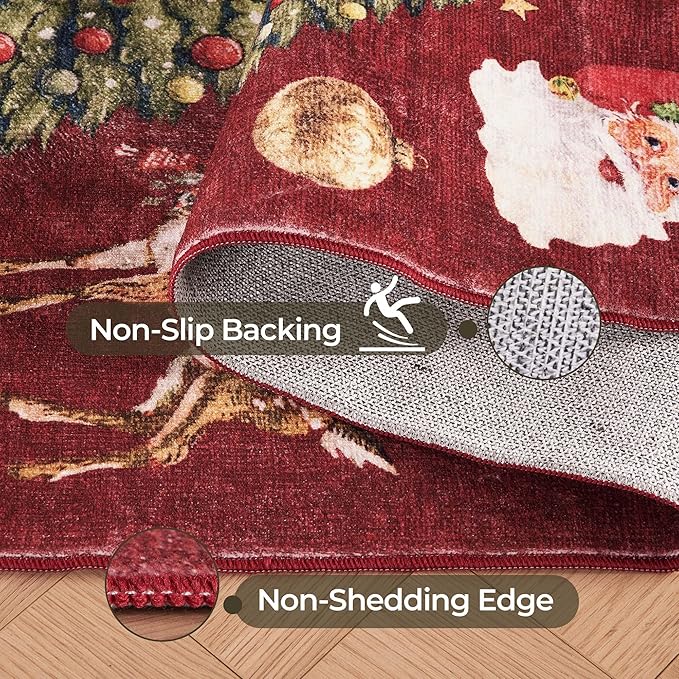 Kokia 2x3 Indoor Christmas Area Rugs for Entryway, Bedroom, Kitchen, Office, Machine Washable Small Door Mat with Santa, Christmas Tree, Bell, Reindeer and Holly, Santa Red