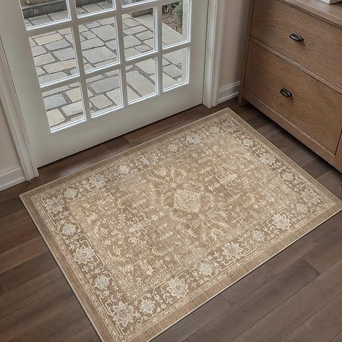 PureCozy 2x3 Brown Entryway Rug Vintage Area Carpet Indoor Kitchen Washable Door Mat Entrance Small Low Pile Traditional Distressed Retro Accent Throw Boho Rug Non Slip Office Bathroom
