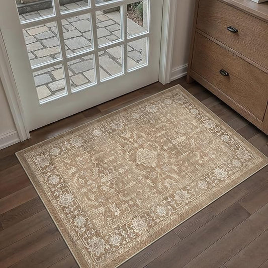 PureCozy 2x3 Brown Entryway Rug Vintage Area Carpet Indoor Kitchen Washable Door Mat Entrance Small Low Pile Traditional Distressed Retro Accent Throw Boho Rug Non Slip Office Bathroom