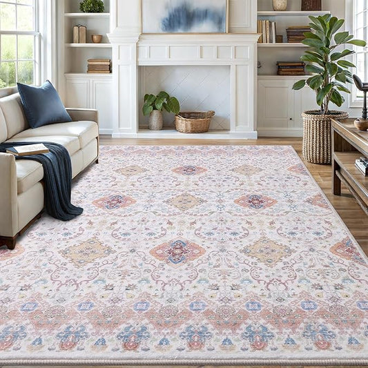 Vanmoos 6x9 Area Rugs for Living Room, Bedroom - Machine Washable, Non-Slip Bedside Rug, Large Soft Floor Carpet for Office, Dining Room, Farmhouse and Home Decor, Charm/Beige