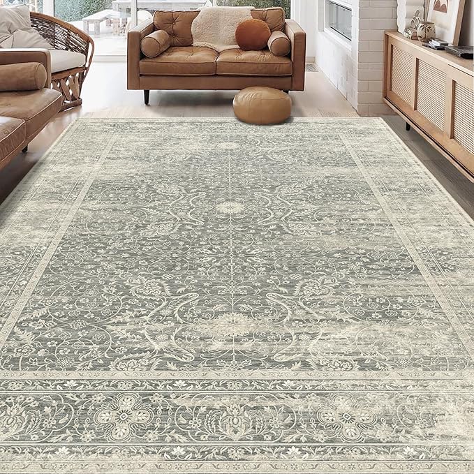 Fortsea Area Rug 7X9 for Living Room, Machine Washable Non Slip Vintage Rugs, Low Pile Lightweight Print Rug for Bedroom, Dining Room, Home Office (7x9 Sage/Ivory)