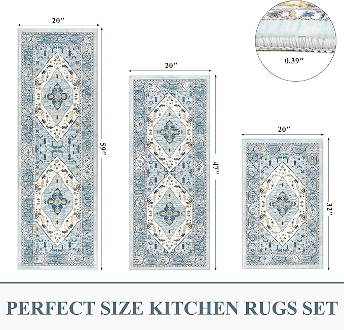 Pauwer Kitchen Rugs Sets of 3 Non Slip Washable Kitchen Mats for Floor Farmhouse Kitchen Floor Mat Runner Rug Boho Kitchen Sink Rug Carpet for Kitchen Hallway Laundry Room, Blue