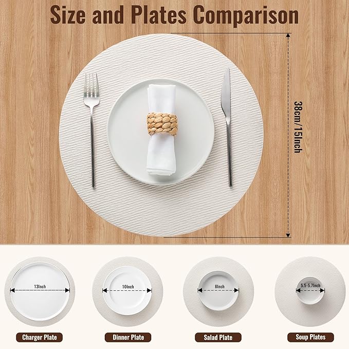 Jovono 15" Faux Leather Big Round Placemats Set of 4 - Washable Heat Resistant Non-Slip Dining Table Mats with Fabric Texture for Kitchen Home Party Decor, White