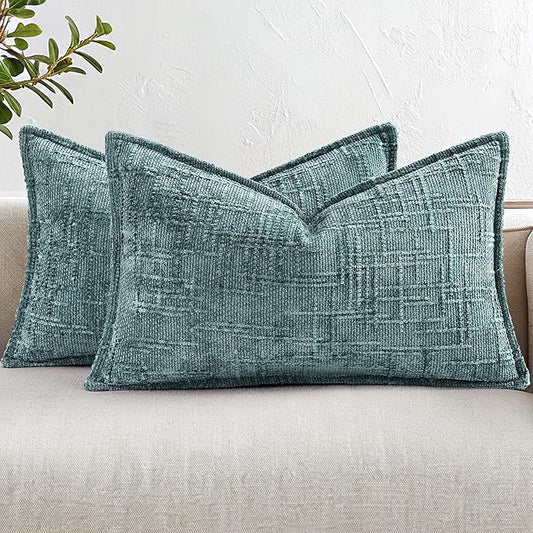 decorUhome Chenille Throw Pillow Covers 12x20 Set of 2, Thick Textured Slubby Neutral Decorative Pillow Covers with Elegant Design for Couch, Sofa, Living Room, Teal