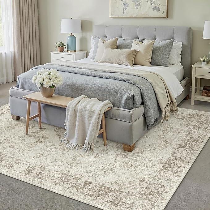 PureCozy 5x7 Area Rug Beige Washable Living Room Bedroom Carpet Vintage Distressed Non Slip Low Pile Thin Dining Room Office Medallion Accent Throw Rug