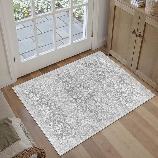 PureCozy Gray 2x3 Entryway Area Rug Washable Vintage Door Mat Indoor Non Slip Low Plie Soft Carpet Retro Grey Accent Throw Small Rug for Bathroom Bedroom Office Dining Living Room