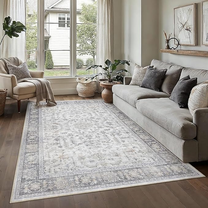 PureCozy 5x7 Grey Area Rug Vintage Washable Living Room Boho Carpet Non Slip Bedroom Indoor Office Low Pile Traditional Distressed Retro Accent Rug for Dining Room Bathroom Office Kitchen Dorm
