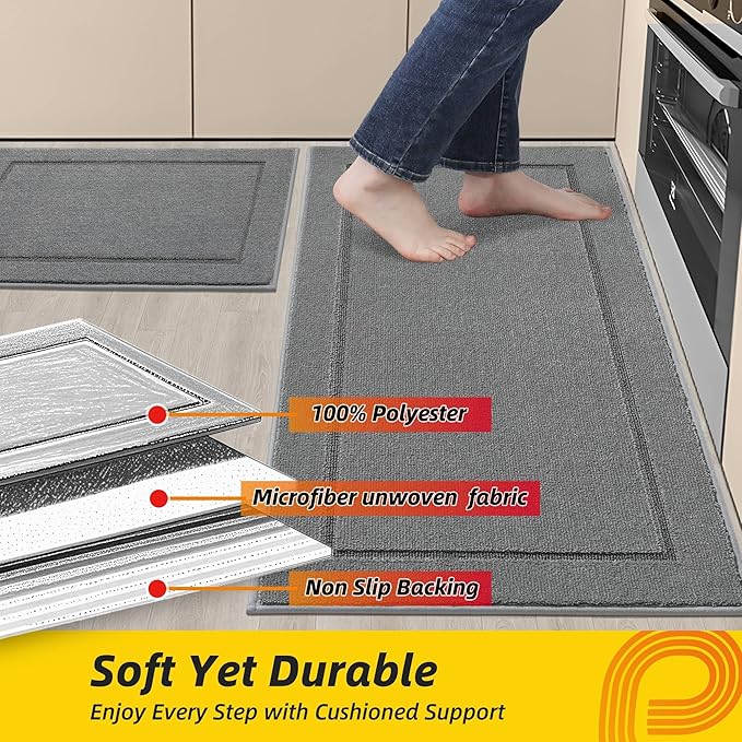 JSEI Non-Slip Kitchen Mats, Self Adhesive No Sliding Kitchen Rugs Set of 2, Washable Absorbent Floor Mat for Kitchen, Bathroom, Laundry Room, Bedroom, 20”x32”+32”x48”, Light Grey, Rectangular Pattern