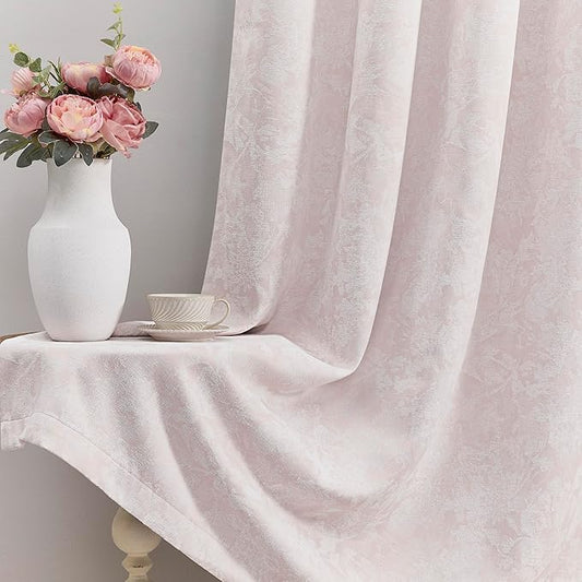 Beauoop Pink Floral Jacquard Blackout Curtains 108 Inches Long 2 Panels for Girls Bedroom Living Room Chenille Flower Room Darkening Thermal Soundproof Rod Pocket Back Tab Window Drapes 52x108