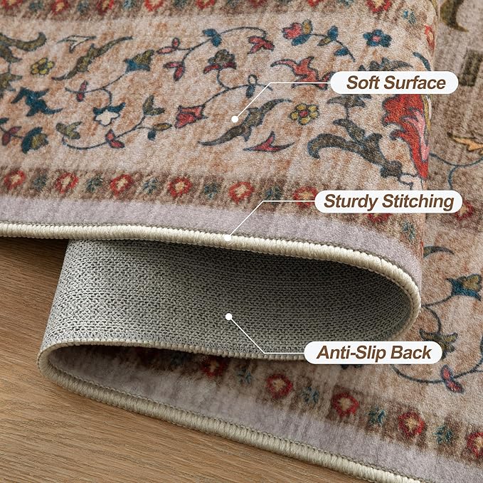 Tangsoo 3x5 Washable Rug, Vintage Rugs Indoor Area Rugs, Boho Non Slip Accent Rug Carpet, Soft Low Pile Rugs for Living Room Dorm Bedroom Bedside Entryway Bathroom Home Decor Beige