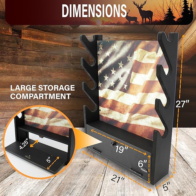 Rush Creek Creations, Gun Rack for Wall, Storage for 4 Guns, Rifles or Shotguns, American Flag Gun Rack Display, Wall Mount, Additional Storage for Gun Accessories