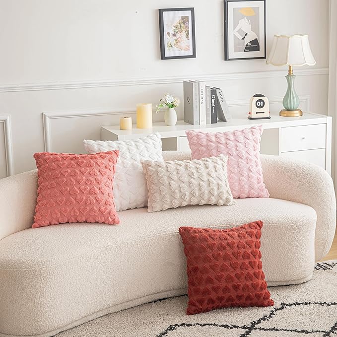AQOTHES Set of 2 Heart Love Cute Beige Decorative Valentines Throw Pillow Covers 12x20, Soft Plush Faux Fur Pillow Covers for Couch Sofa Home Valentines Day Decoration