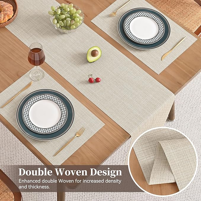Leetaltree Beige Table Runner and Placemats Set of 5, Heat Resistant Non-Slip Place mats for Dining Table, Washable Durable PVC Vinyl Woven Table Runner Set