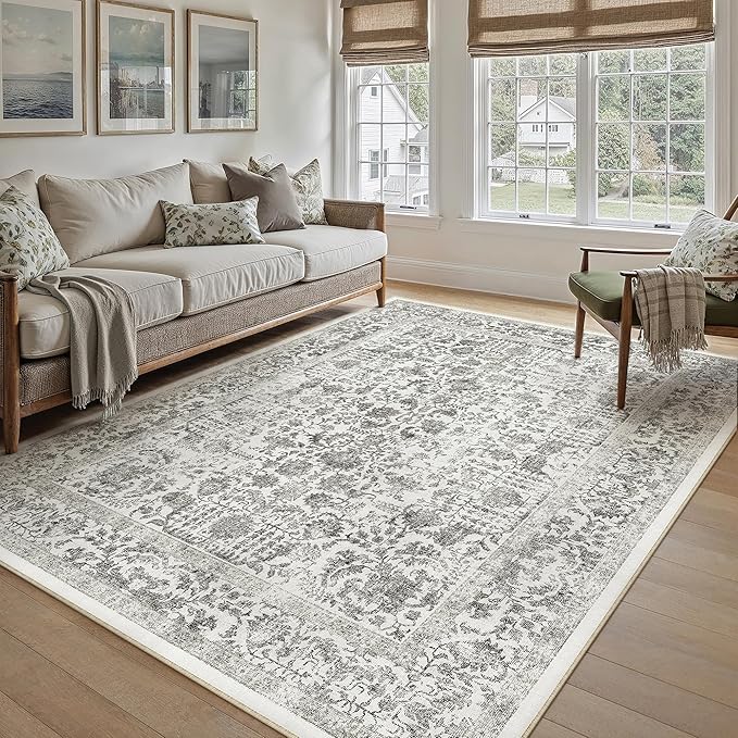 PureCozy Black Area Rug 5x7 Machine Washable Vintage Living Room Distressed Non Slip Carpet Traditional Indoor Bedroom Retro Floral Accent Throw Large Rug Office Kitchen Bathroom Dining Room