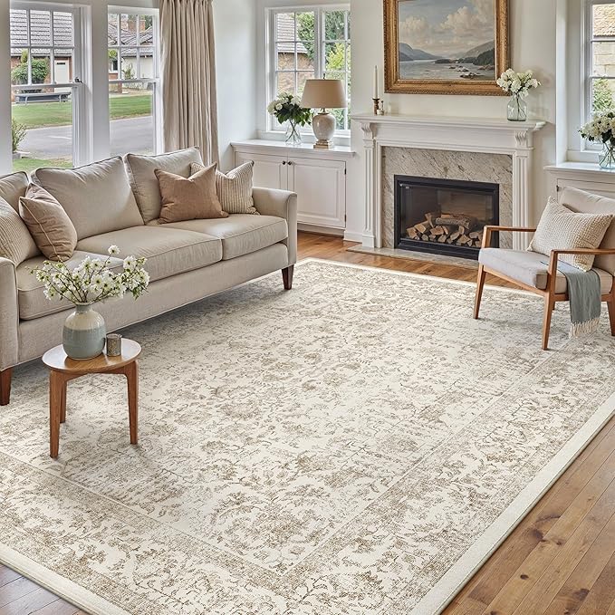 PureCozy Light Brown Area Rug 5x7 Machine Washable Vintage Living Room Distressed Non Slip Carpet Traditional Indoor Bedroom Retro Floral Accent Throw Large Rug Office Kitchen Bathroom Dining Room
