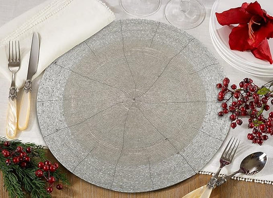 Beaded Placemats for Dining Table Dia 13 inches- Silver Tonal,Wire Beaded Placemats Round for Gathering, Thanksgiving - Occasional Decoration and Family Parties Celebrations.Set of 4