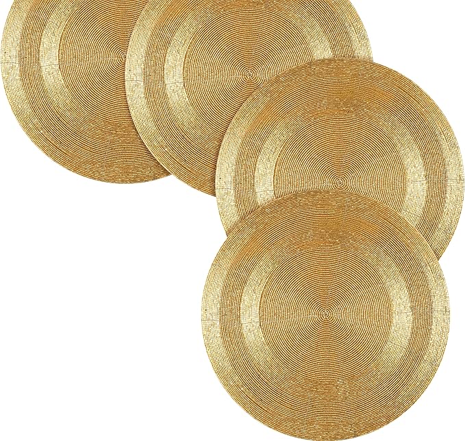 Farmhouse Beaded Placemats – Set of 4, 13" Round Handmade Charger Placemats, Black & Gold Multi, Hand-Beaded by Skilled Artisans, Elegant Table Décor
