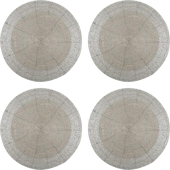 Beaded Placemats for Dining Table Dia 13 inches- Silver Tonal,Wire Beaded Placemats Round for Gathering, Thanksgiving - Occasional Decoration and Family Parties Celebrations.Set of 4