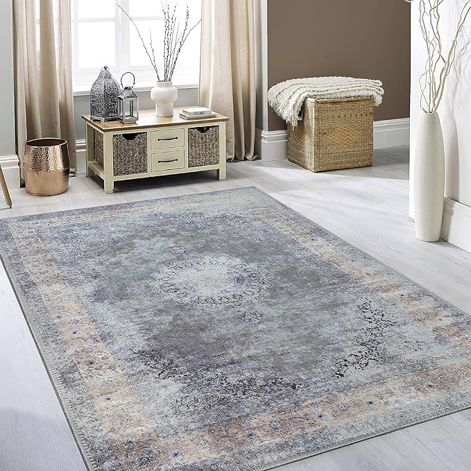 RugOver Machine Washable Area Rug, Pet-Friendly and Non-Slip Indoor Carpet for Kitchen, Bathroom, Living Room, Home Floor Decoration(Ash/Champagne, 3' x 5')