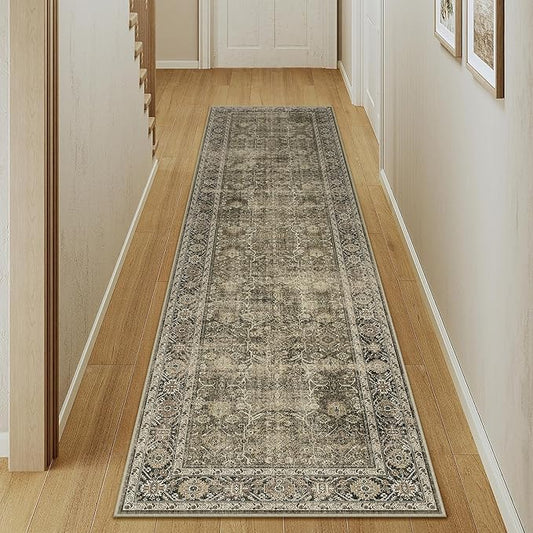PureCozy Light Brown 3x10 Vintage Area Rug Hallway Indoor Kitchen Washable Living Room Carpet Tribal Distressed Rug Retro Accent Throw Rug for Office Dining Room Bathroom Faux Wool