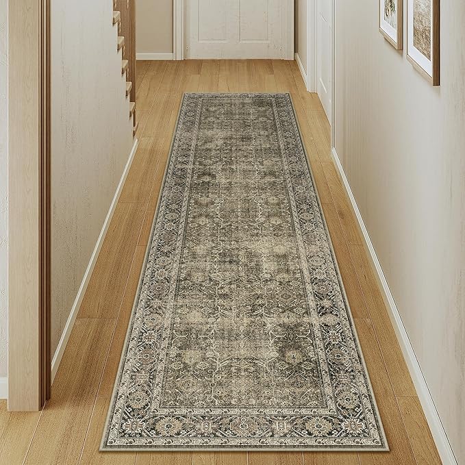 PureCozy Light Brown Runner Rug 2x10 Vintage Area Rug Hallway Indoor Kitchen Washable Living Room Carpet Tribal Distressed Rug Retro Accent Throw Rug for Office Dining Room Bathroom Faux Wool